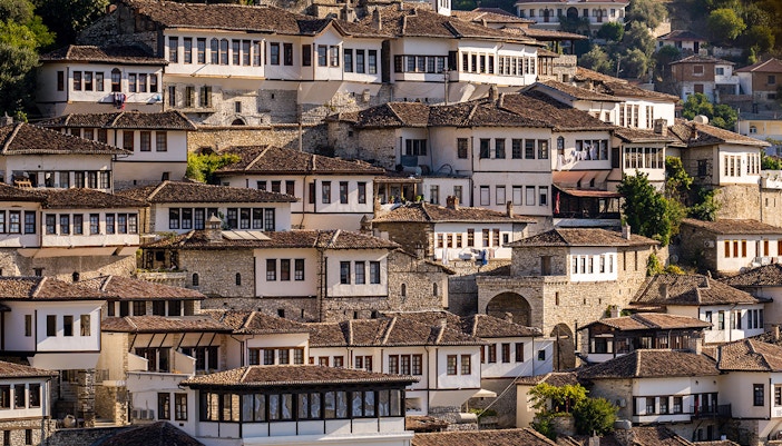 Berat old town houses with traditional Ottoman architecture in Albania.