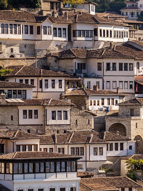 Berat old town houses with traditional Ottoman architecture in Albania.
