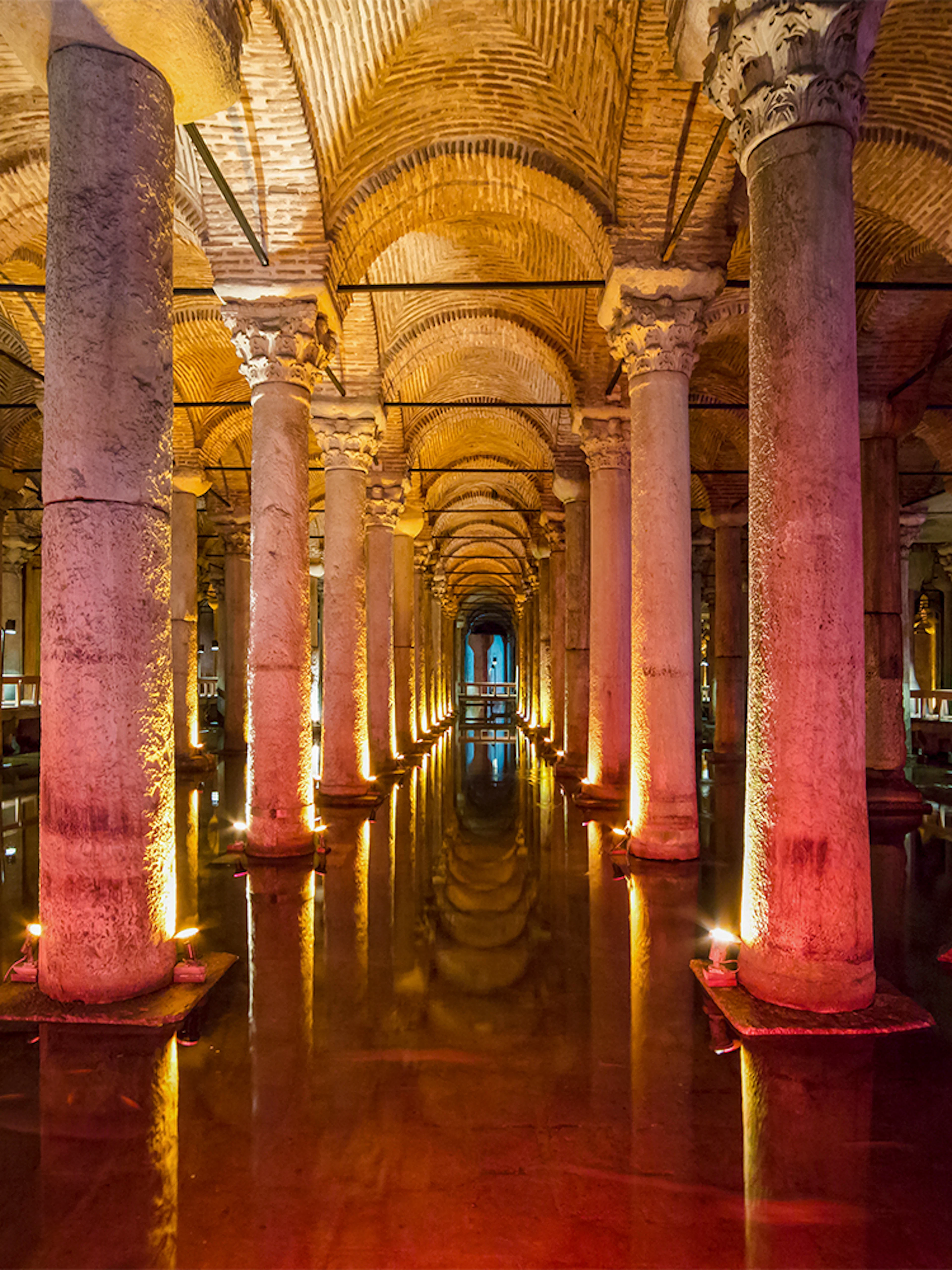 Illuminated columns in the underground Basilica Cistern, Istanbul.