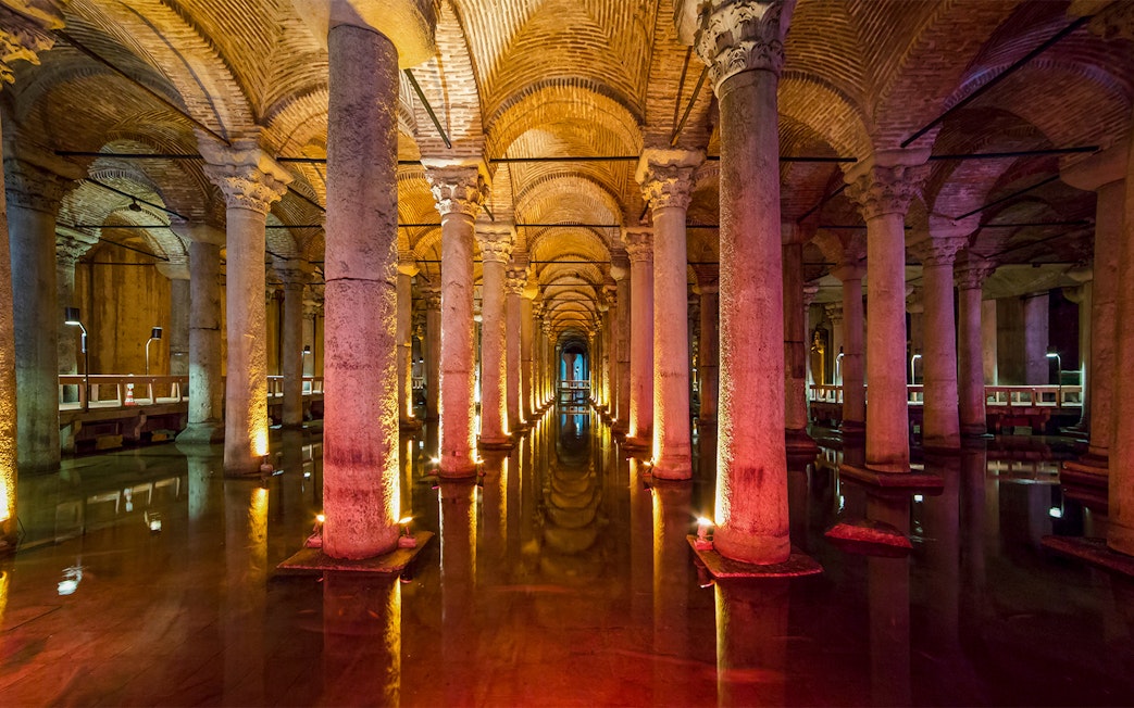 Illuminated columns in the underground Basilica Cistern, Istanbul.