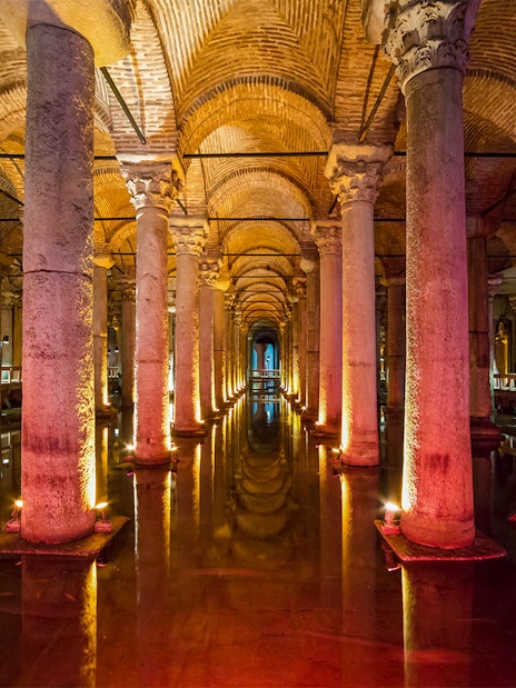 Illuminated columns in the underground Basilica Cistern, Istanbul.