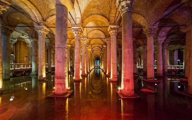 Illuminated columns in the underground Basilica Cistern, Istanbul.