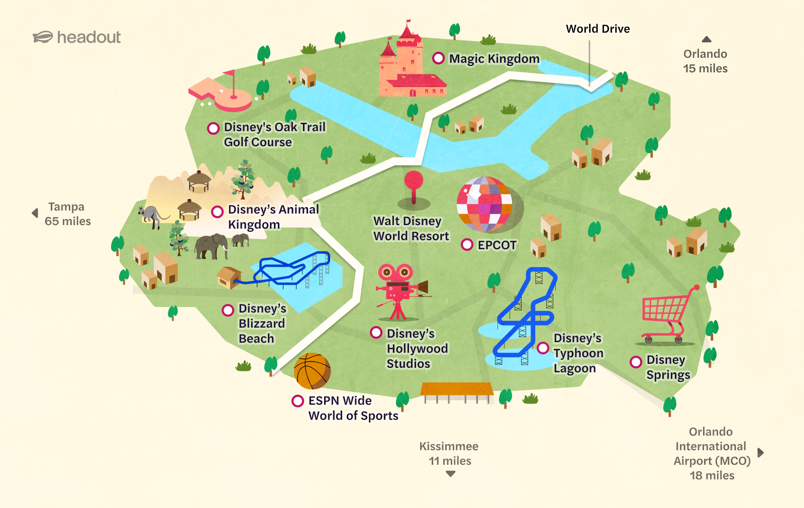 Walt Disney World Orlando map highlighting Magic Kingdom, EPCOT, Animal Kingdom, and Hollywood Studios.