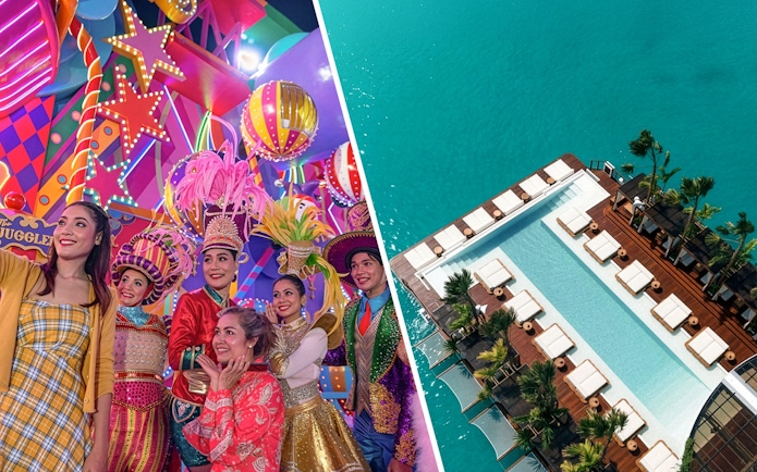 Carnival performers in vibrant costumes and aerial view of Yona Beach Club, Phuket.