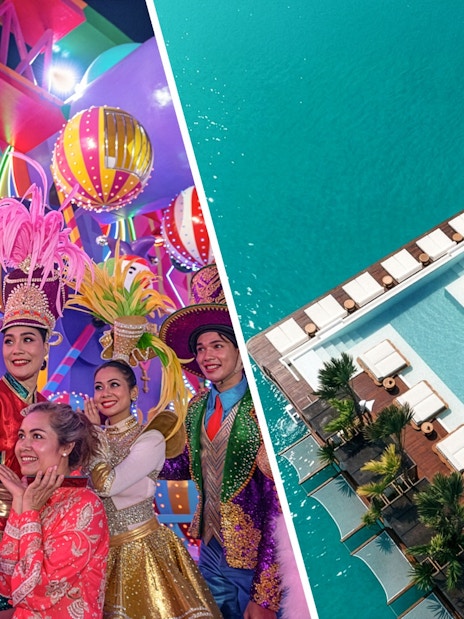 Carnival performers in vibrant costumes and aerial view of Yona Beach Club, Phuket.