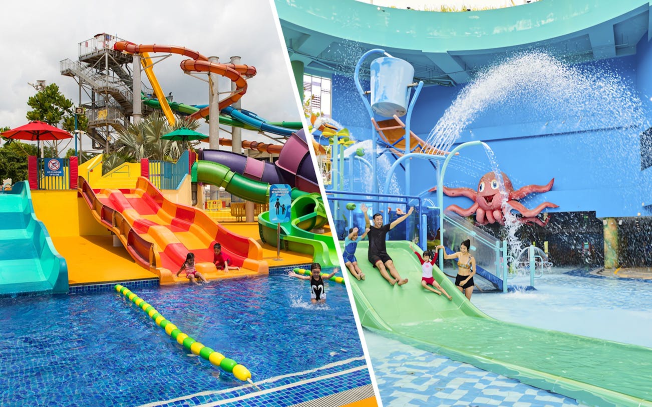 Family enjoying water slides at a Singapore water park, splashing into the pool.