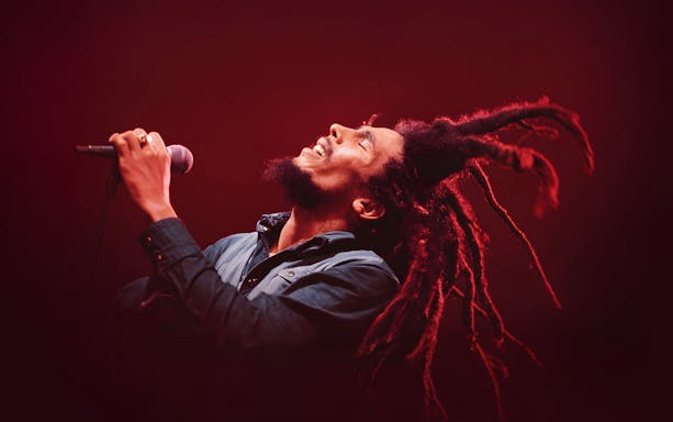 Performer singing at Bob Marley The Show, Vegas stage.