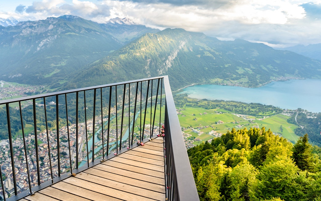 Aerial view from Harder Kulm overlooking Interlaken and Lake Thun, Switzerland.