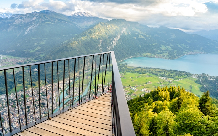 Aerial view from Harder Kulm overlooking Interlaken and Lake Thun, Switzerland.