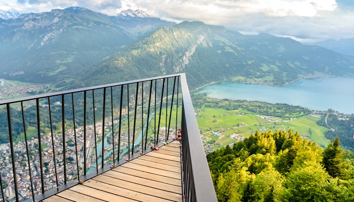 Aerial view from Harder Kulm overlooking Interlaken and Lake Thun, Switzerland.