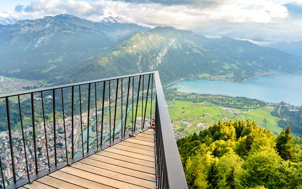 Aerial view from Harder Kulm overlooking Interlaken and Lake Thun, Switzerland.