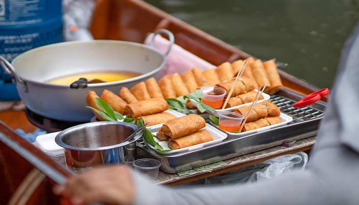 Food on a boat at Damnoen Saduak Floating Market