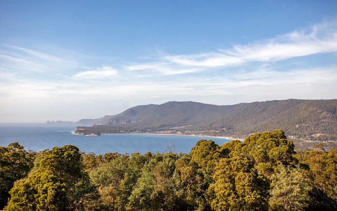 Coastal view of Port Arthur with lush greenery and distant mountains, Tasmania.