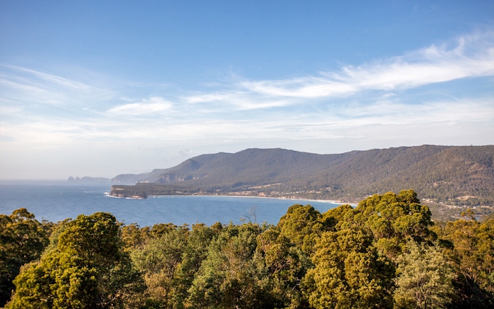 Coastal view of Port Arthur with lush greenery and distant mountains, Tasmania.