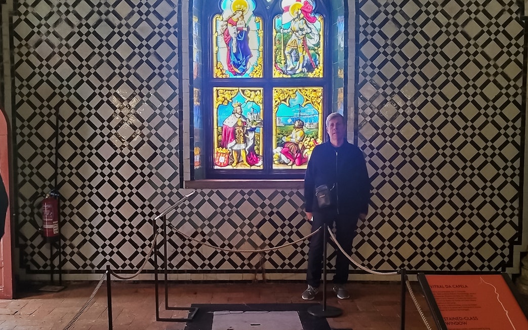 Stained glass window inside Pena Palace, Sintra, Portugal.