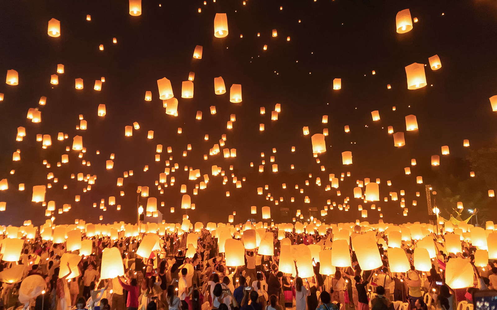 Yi Peng Lantern Festival with floating lanterns in Chiang Mai, Thailand.