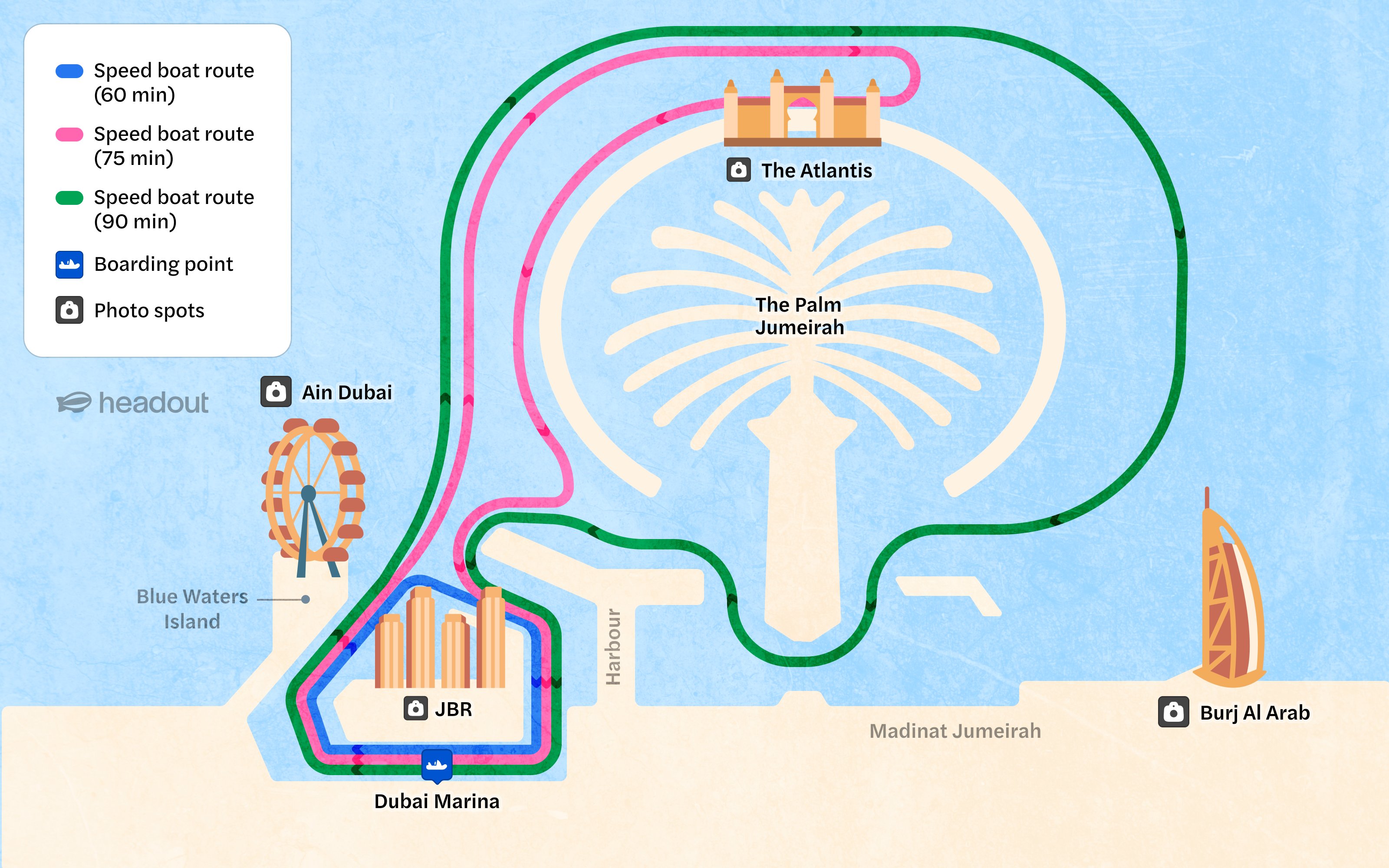 Love Boats Palm Jumeirah route map showing speed boat paths and photo spots.