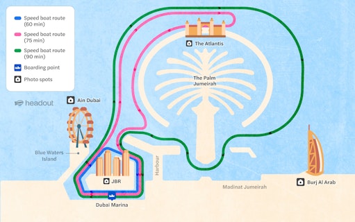 Love Boats Palm Jumeirah route map showing speed boat paths and photo spots.