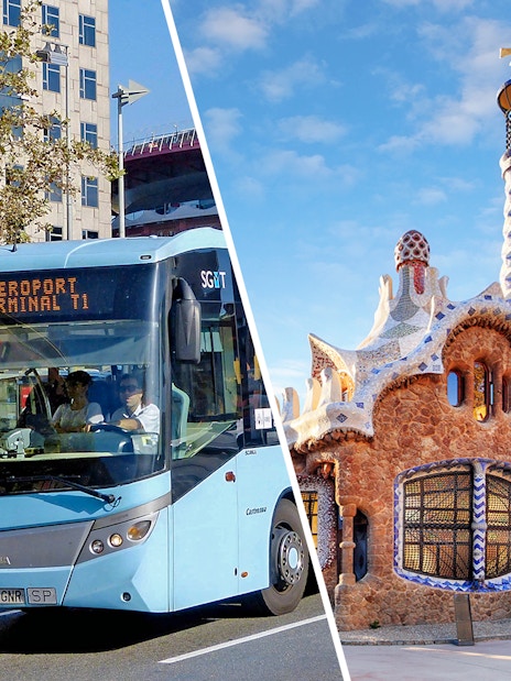 Aerobus in Barcelona city center and Park Güell architecture.