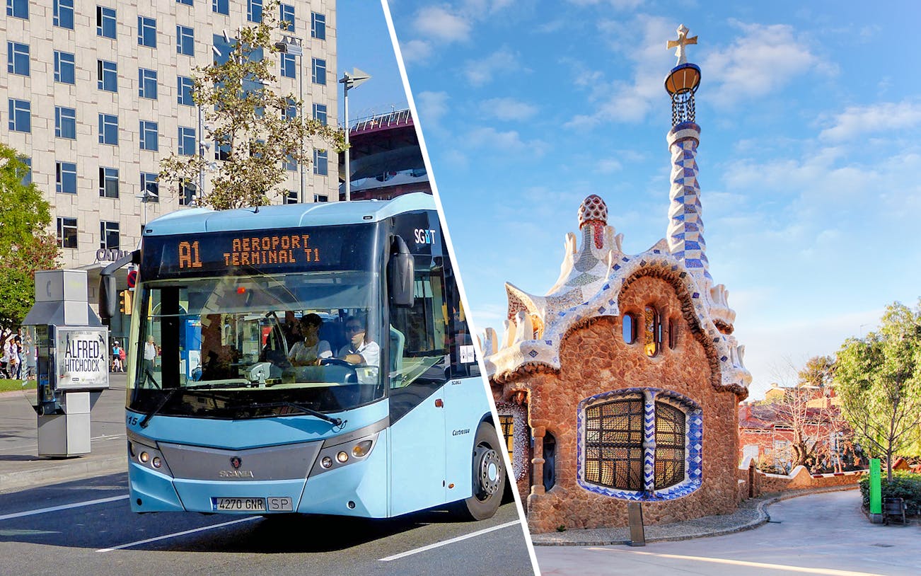 Aerobus in Barcelona city center and Park Güell architecture.
