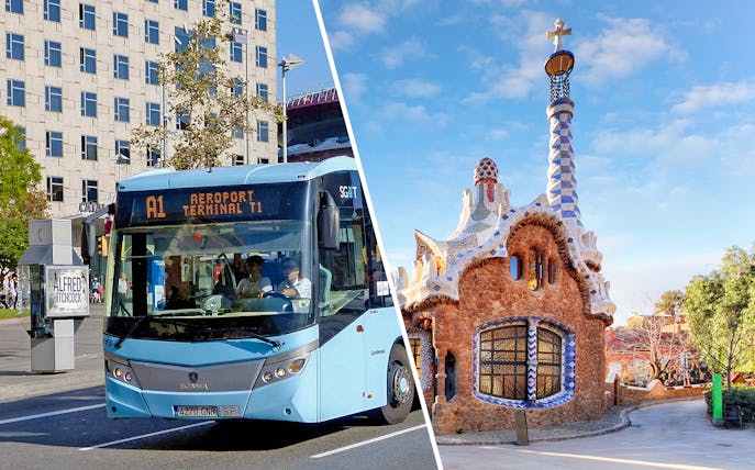 Aerobus in Barcelona city center and Park Güell architecture.