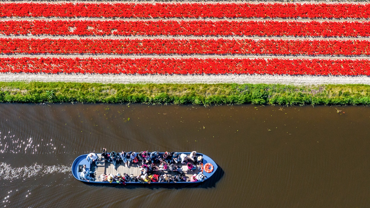 Whisper boat on canal near tulip fields at Keukenhof Gardens, Amsterdam.