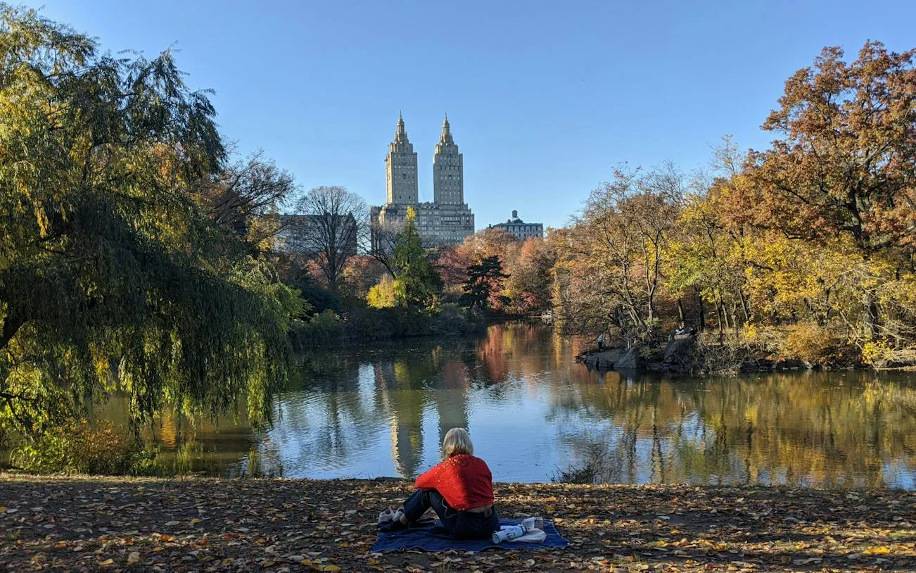 Person sitting by a lake in Central Park with city skyline in the background, New York.