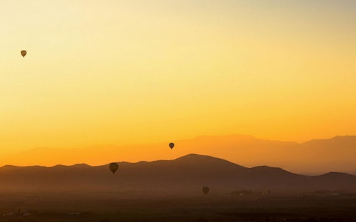 Hot air balloons over Marrakech landscape at sunrise.