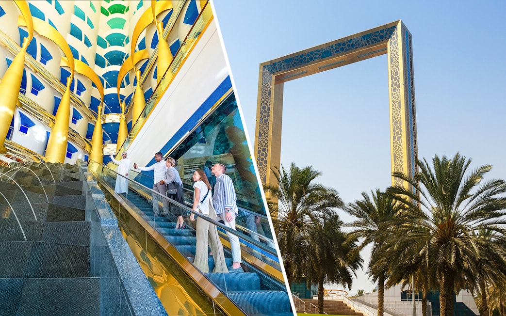 Interior of Burj Al Arab and exterior of Dubai Frame with palm trees.