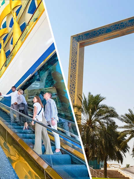 Interior of Burj Al Arab and exterior of Dubai Frame with palm trees.