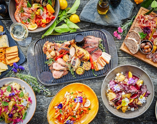 Barbeque platter with meats and sides at Walter Peak High Country Farm.