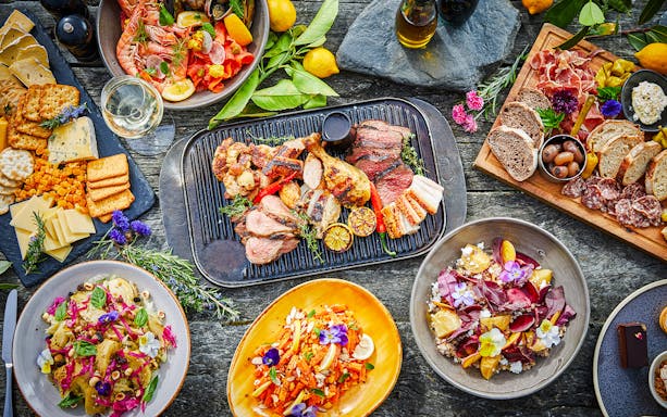 Barbeque platter with meats and sides at Walter Peak High Country Farm.