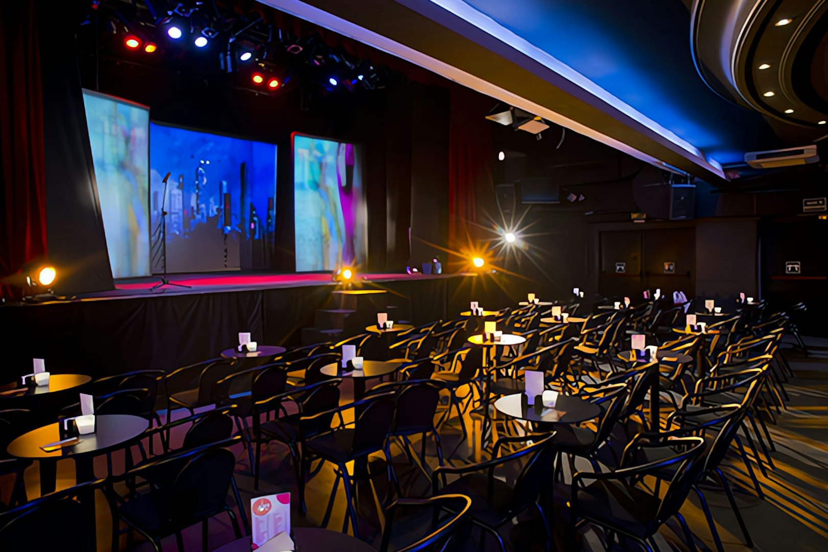 Teatro Flamenco Madrid stage set for Emotions Show with seating and colorful lights.
