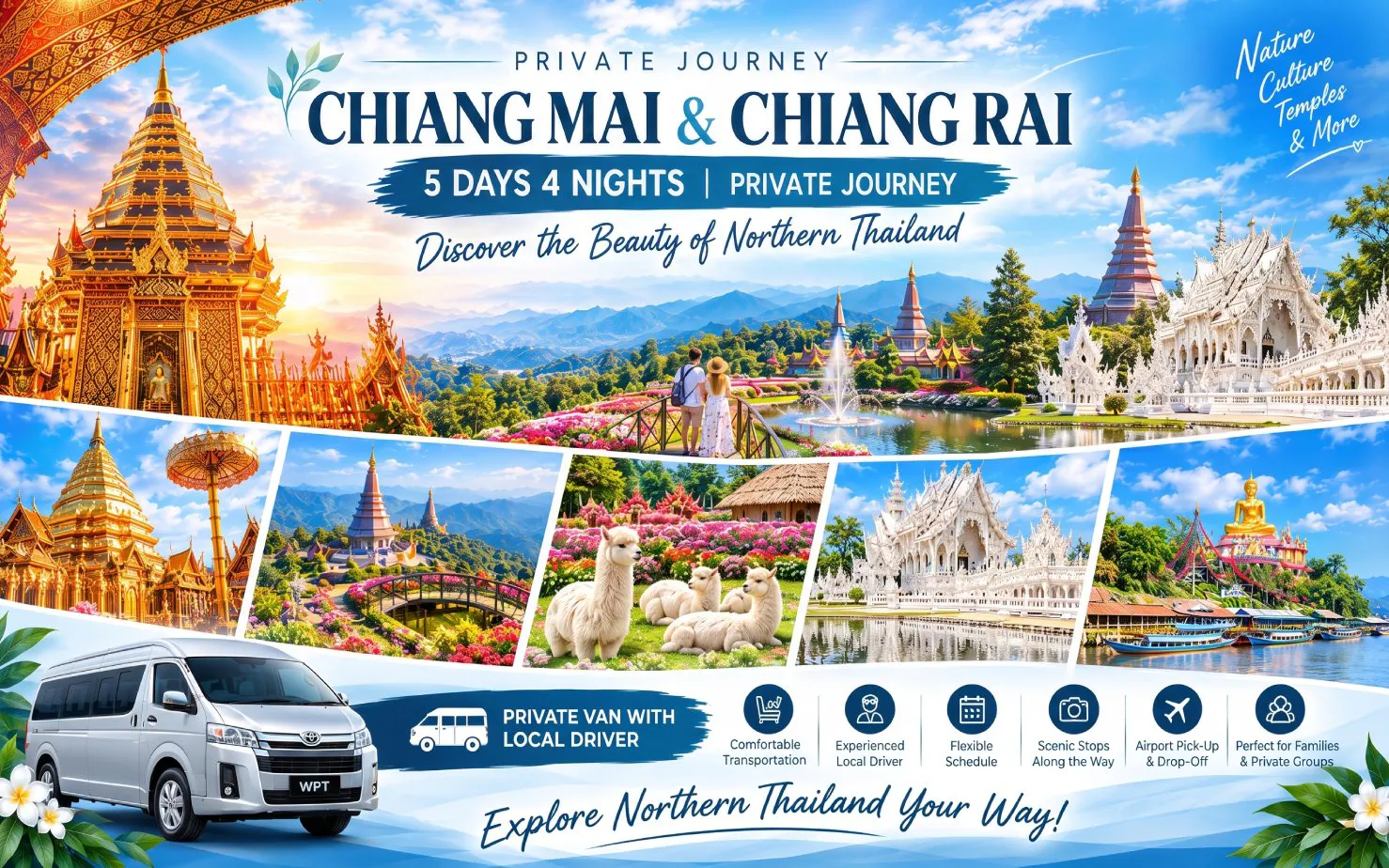 Chiang Mai and Chiang Rai temples and landscapes, Northern Thailand tour highlights.