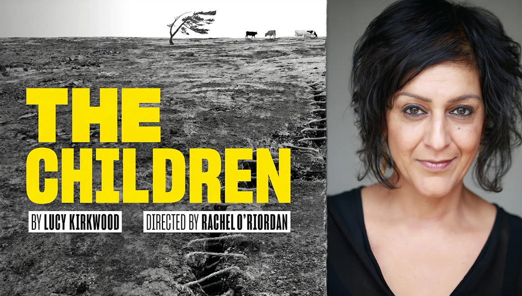 The Children" play poster with barren landscape and woman's portrait.