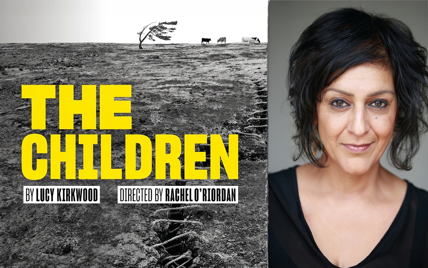 The Children" play poster with barren landscape and woman's portrait.