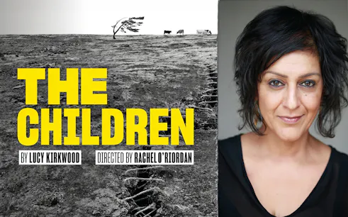 The Children" play poster with barren landscape and woman's portrait.