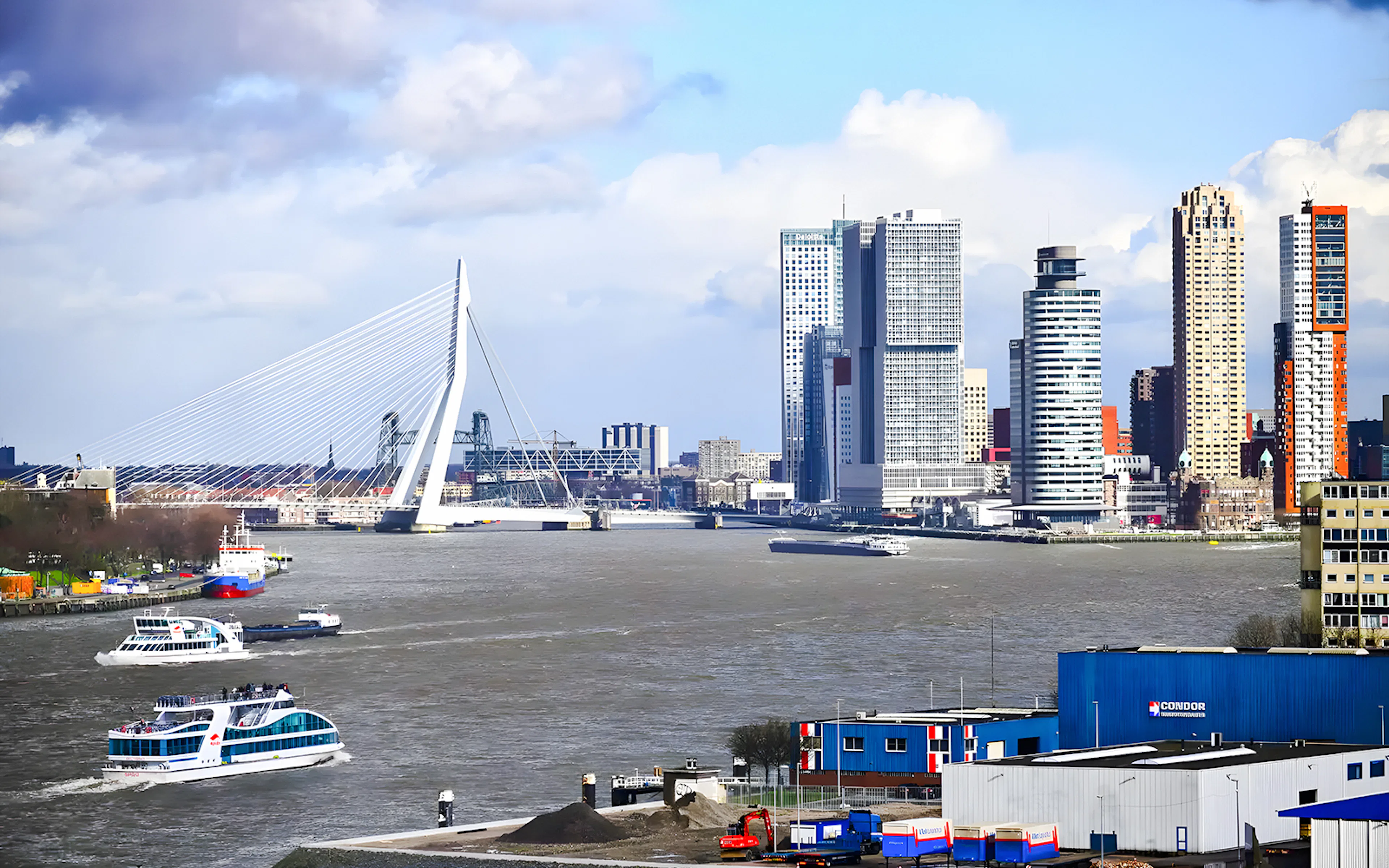 Rotterdam harbor with Erasmus Bridge and sightseeing cruise boats.