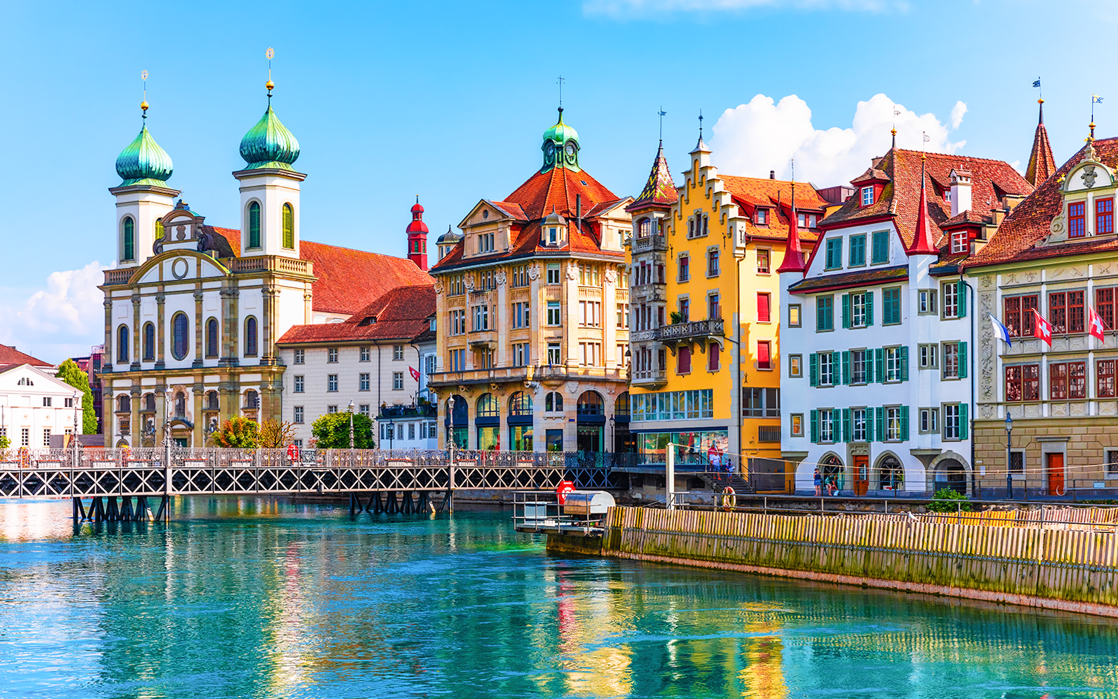 Old Town buildings along the Reuss River in Lucerne, Switzerland.