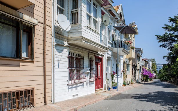 Streetscape of Princess Island with traditional houses and blooming flowers.