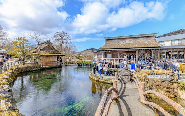 Oshino Hakkai village with view of Mount Fuji in the background, Japan.