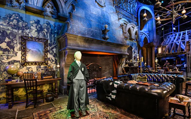 Draco Malfoy costume displayed in Slytherin common room, Harry Potter London tour.
