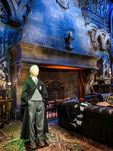 Draco Malfoy costume displayed in Slytherin common room, Harry Potter London tour.