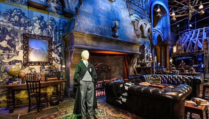 Draco Malfoy costume displayed in Slytherin common room, Harry Potter London tour.