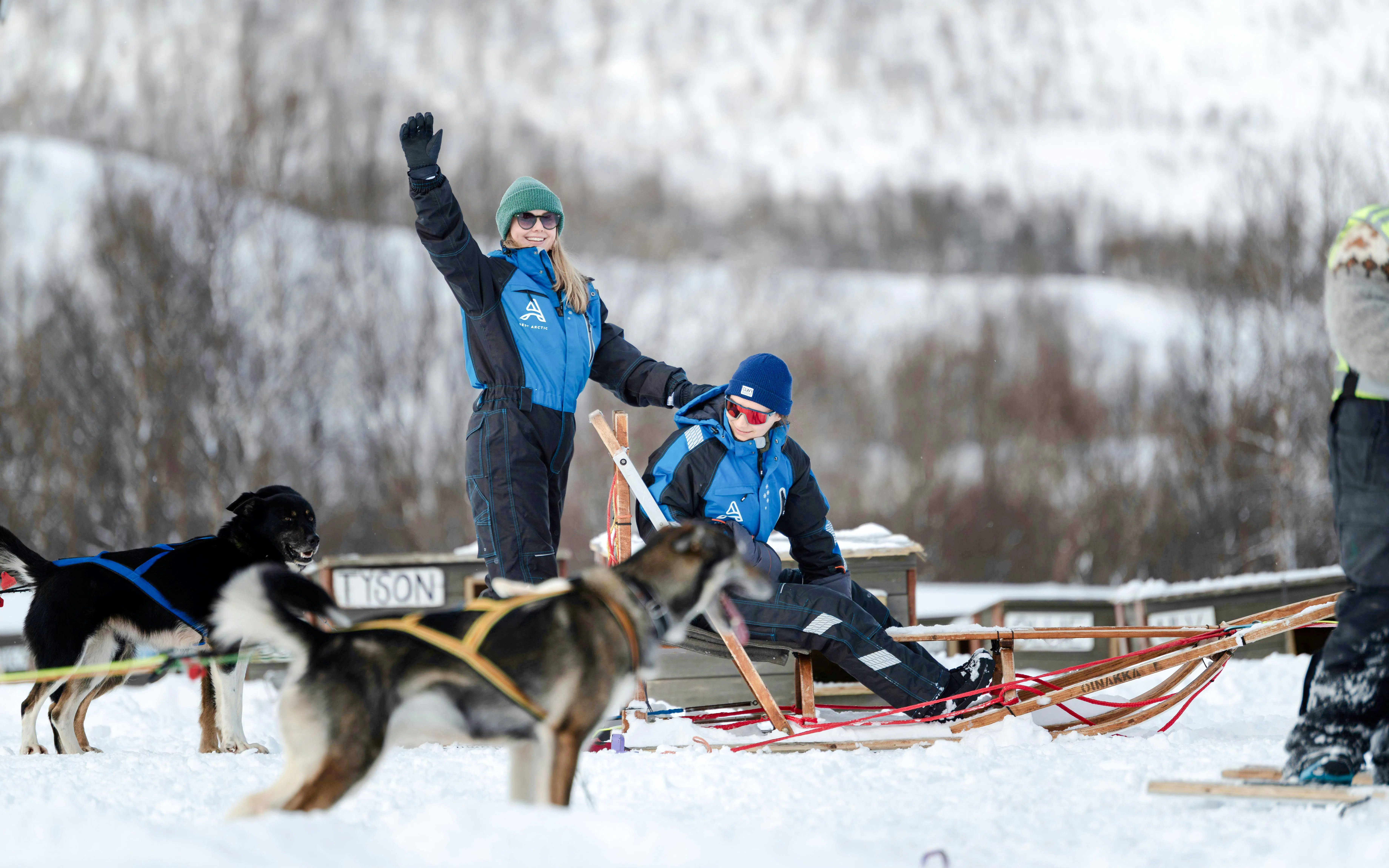 Guests dogsledding and visiting a kennel in snowy Tromso.