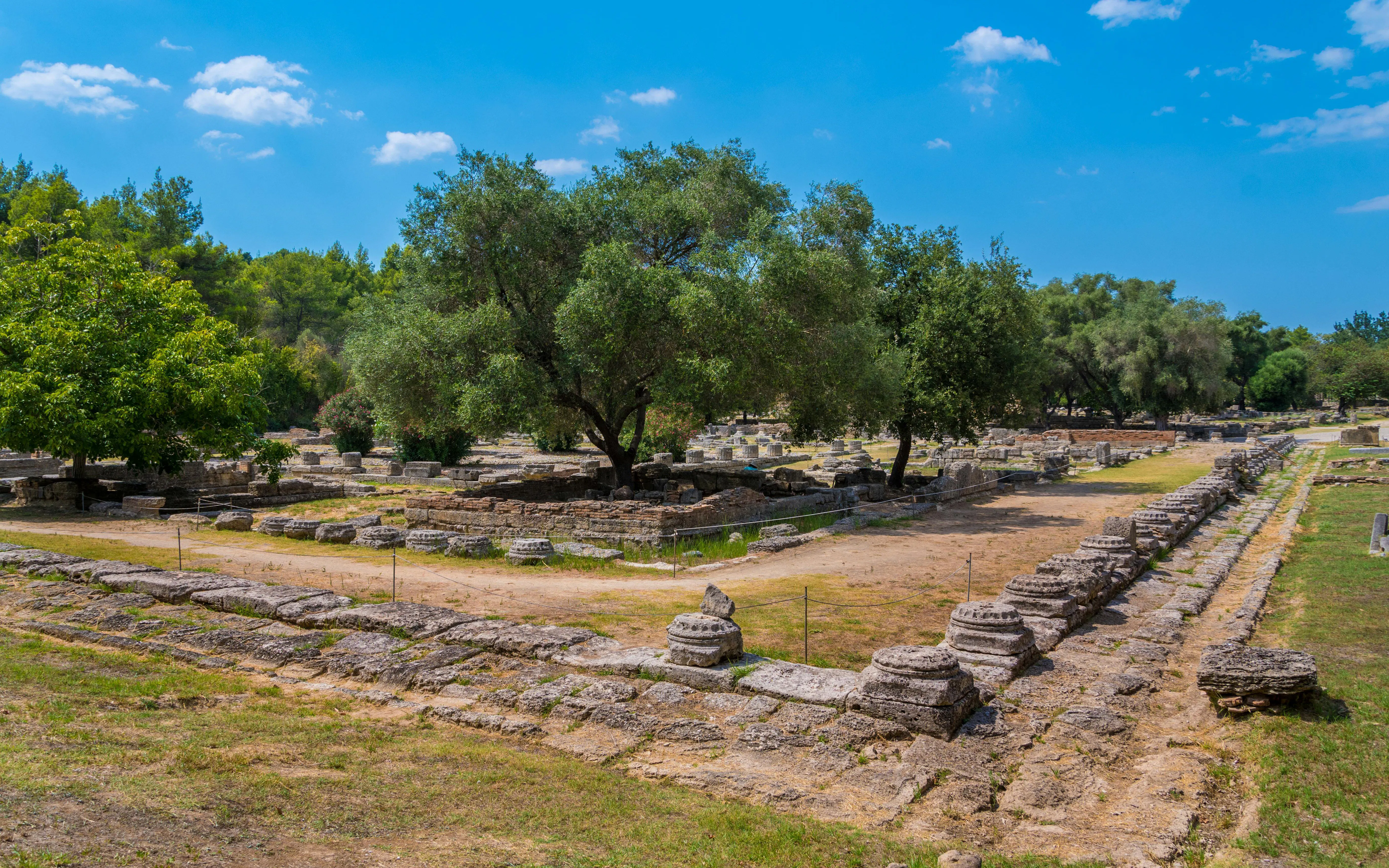 Leonidaion ruins at Olympia archaeological site, Greece, surrounded by trees and ancient stone structures.
