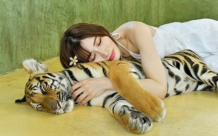 Woman resting beside a sleeping tiger cub at Tiger Kingdom experience.