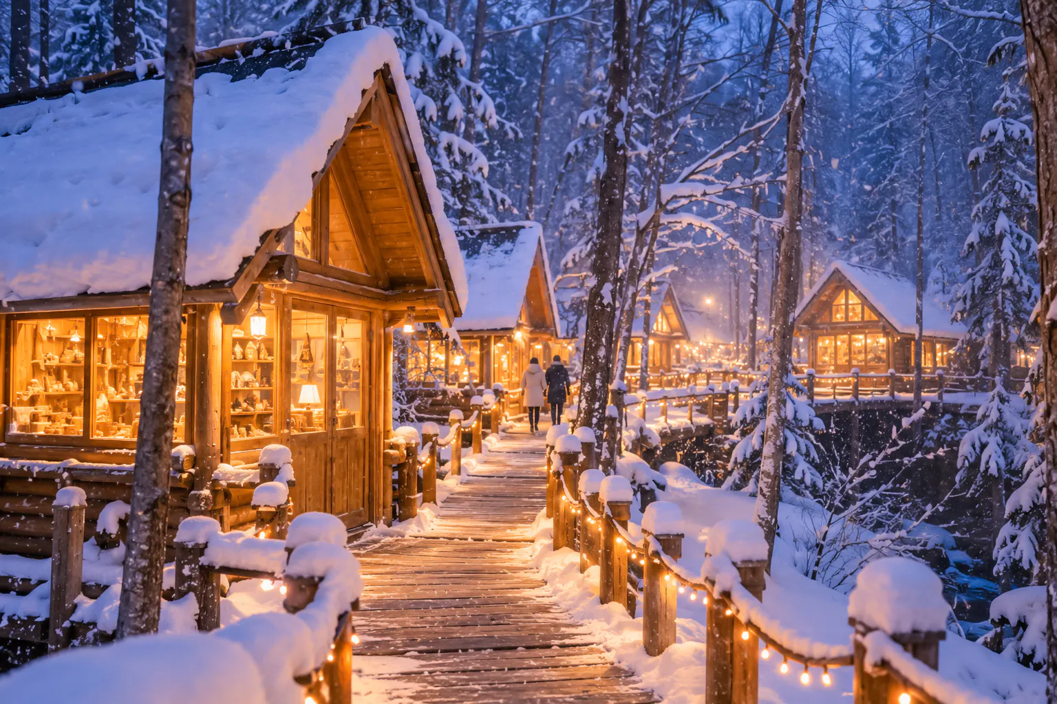 Snow-covered wooden cabins with lights at Ningle Terrace, Hokkaido.