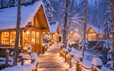 Snow-covered wooden cabins with lights at Ningle Terrace, Hokkaido.