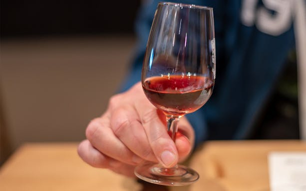 Port wine glass held during tasting session.